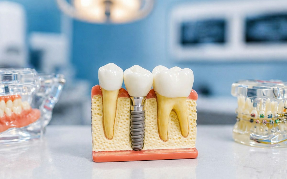 Model dentar cu un implant și coroană între doi dinți naturali