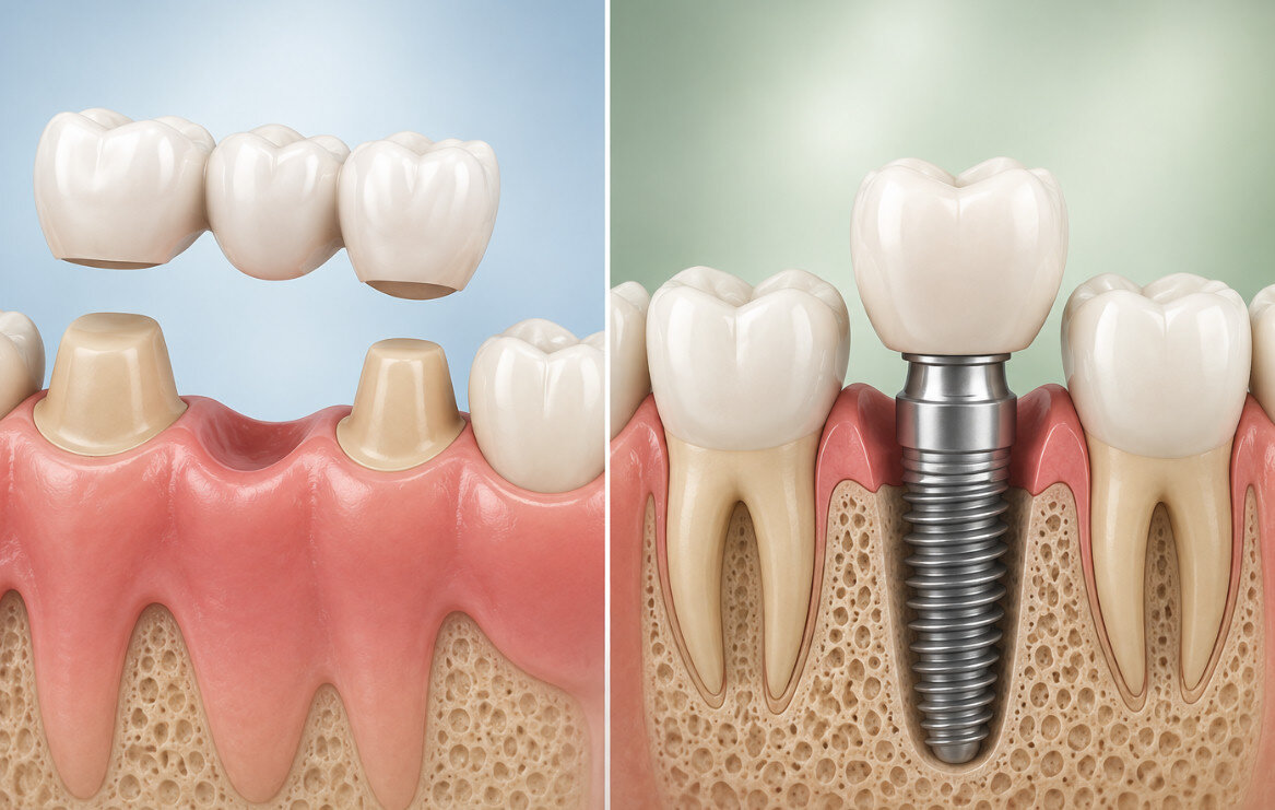 Comparație 3D: punte dentară pe dinți șlefuiți vs. implant dentar cu coroană